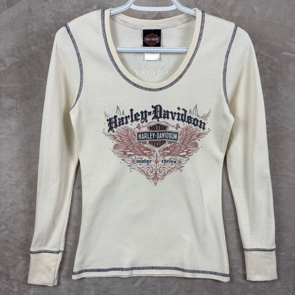 Harley-Davidson Womens M Cream Waffle Knit Thermal Top Long Sleeve Graphic Biker